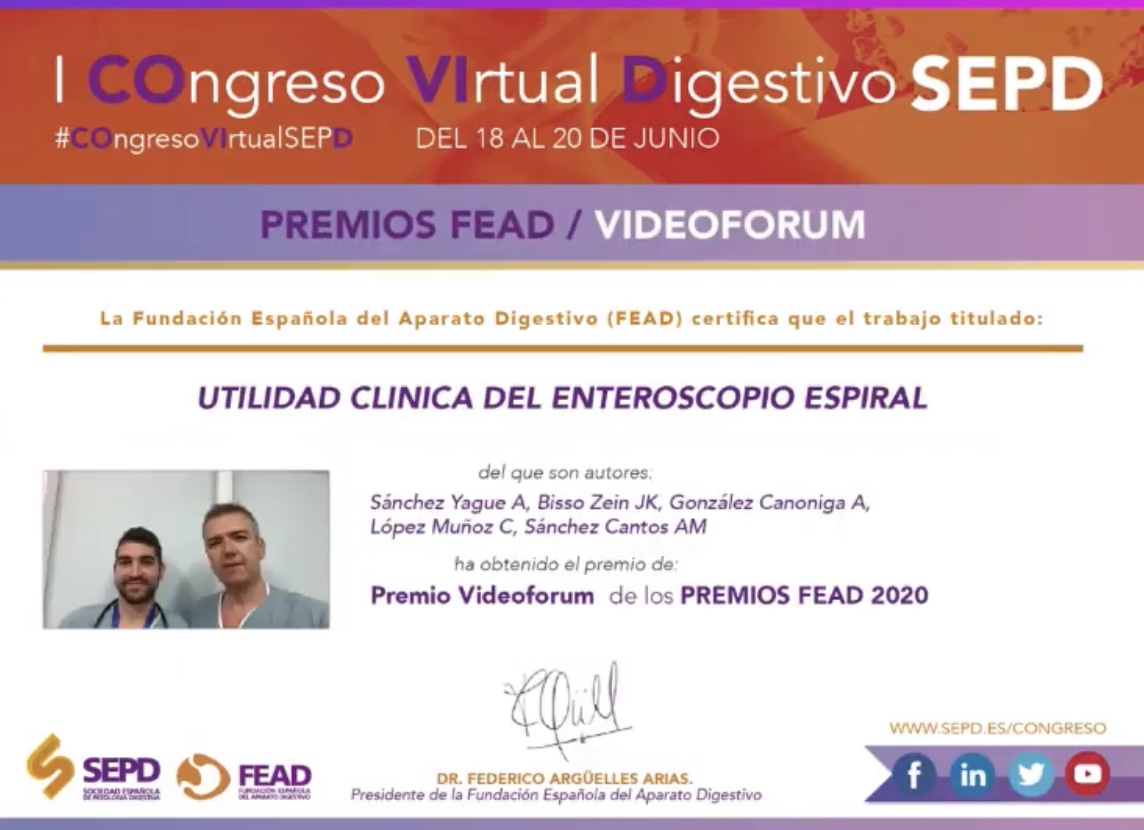 El Hospital Costa del Sol recibe el premio al mejor videoforum endoscópico en el I Congreso Virtual de Digestivo organizado por la Sociedad Española de Patología Digestiva