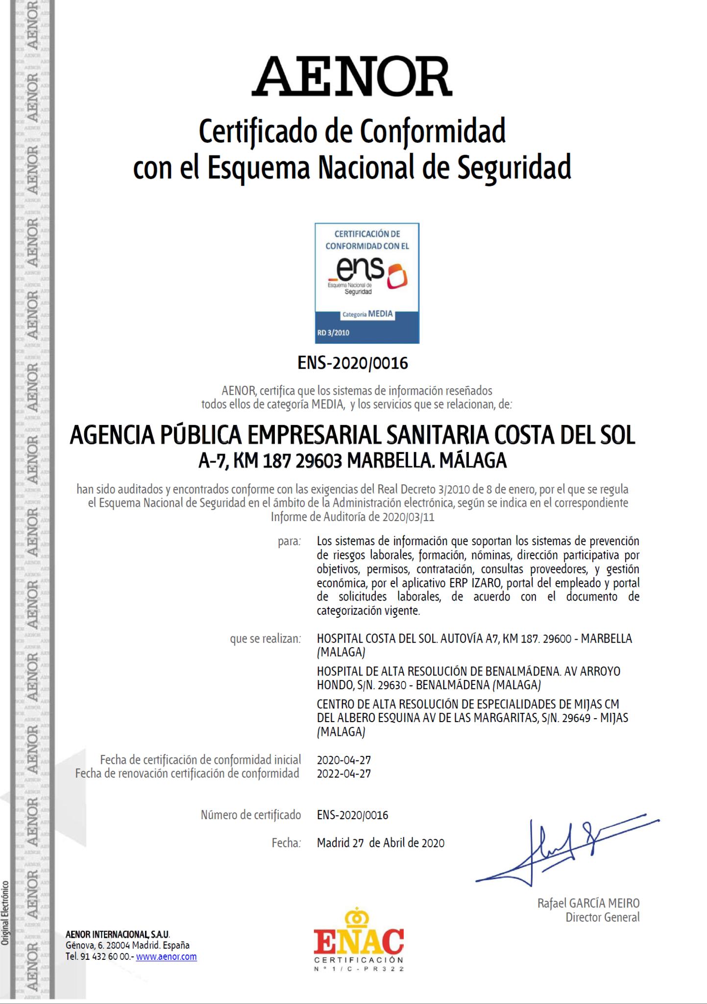 La Agencia Sanitaria Costa del Sol, primera institución sanitaria de Andalucía en conseguir la certificación de seguridad del Esquema Nacional de Seguridad