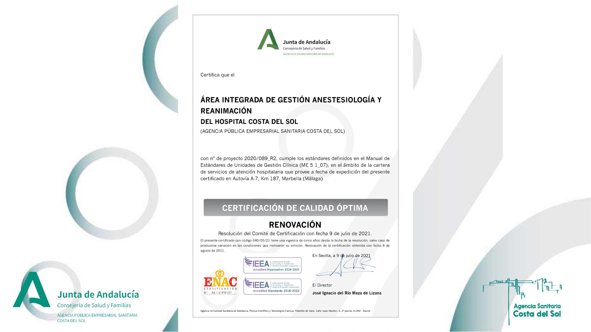 El servicio de Anestesiología y Reanimación del Hospital Costa del Sol obtiene la certificación de nivel óptimo de la Agencia de Calidad Sanitaria de Andalucía